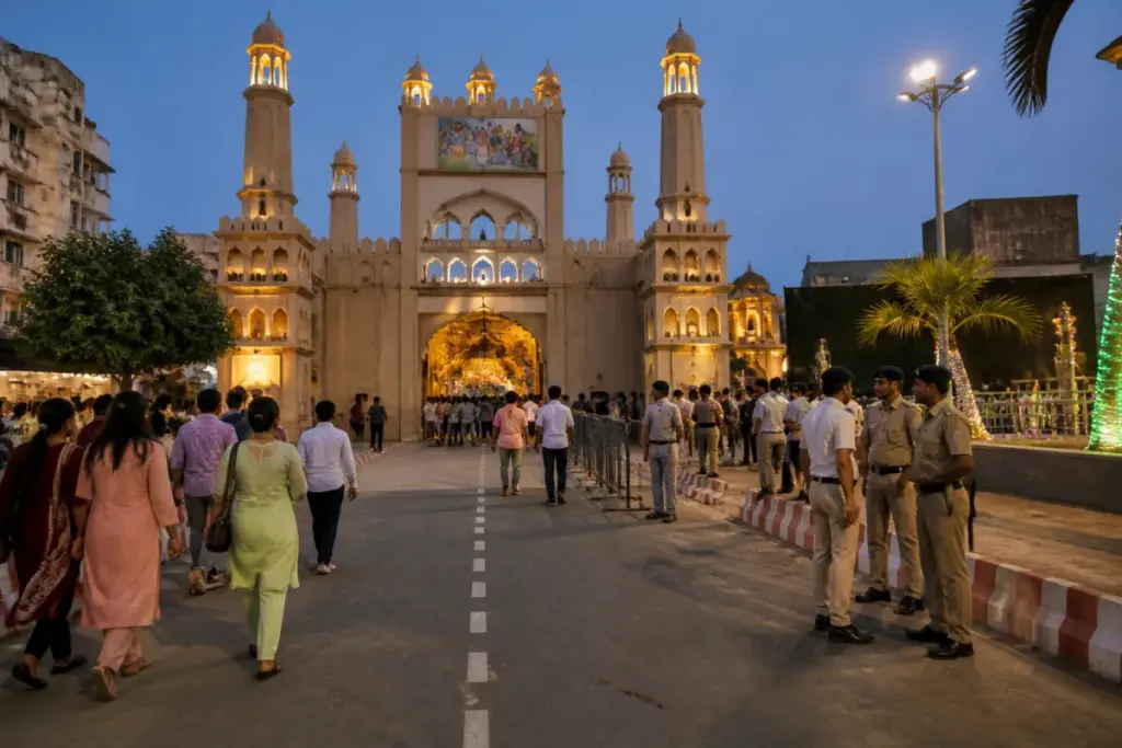 Rourkela Durga Puja pandal with crowds and police managing the festival area