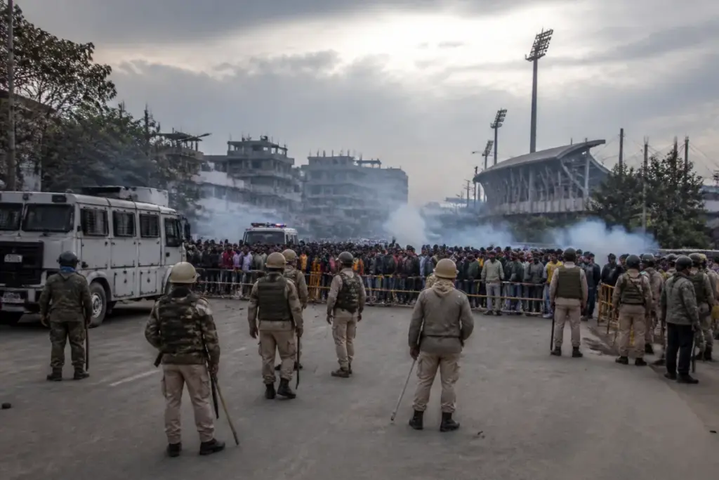 Manipur unrest during a police-controlled protest in Imphal