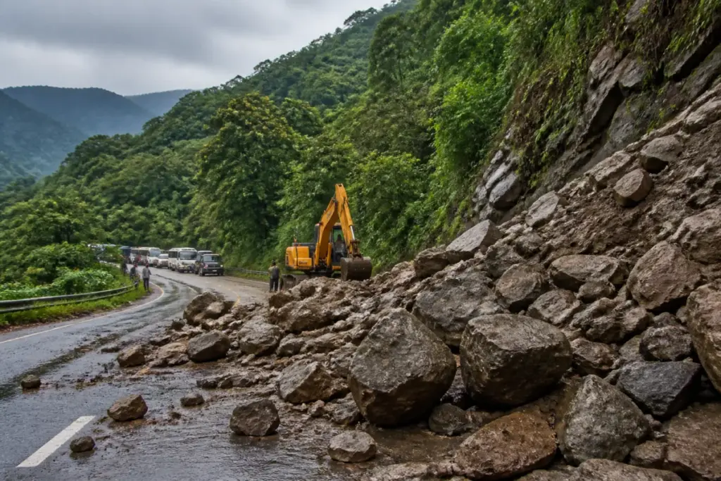 Landslide debris blocking the Pollachi-Valparai Ghat Road after heavy rain in Coimbatore