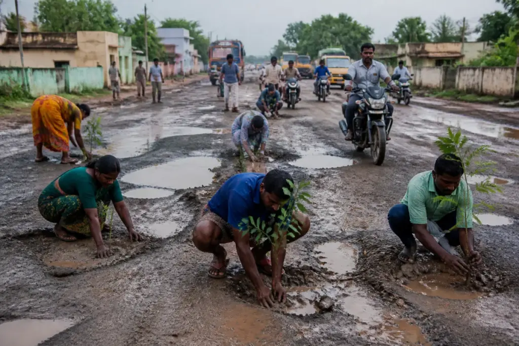 Tirupur road repairs demanded as saplings are planted in potholes by farmers