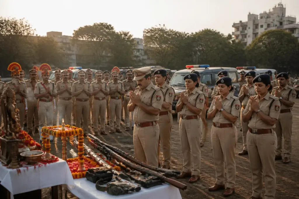 Madhya Pradesh police personnel at an Indore ceremony after the police jobs announcement