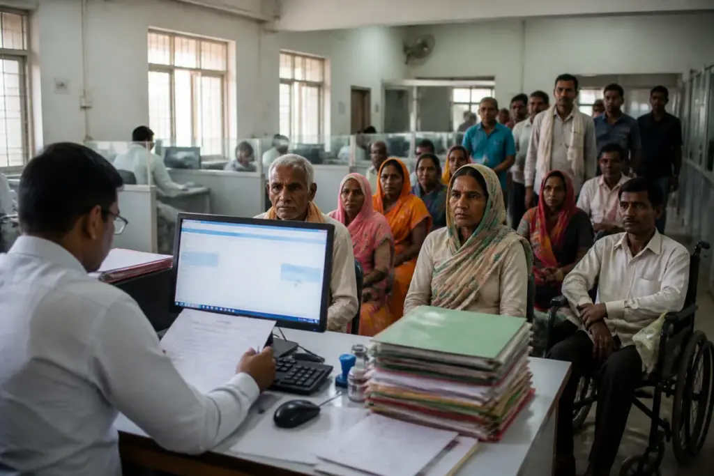Bihar pension verification records being processed at a government welfare office