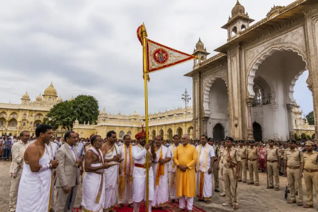 Mysuru Dasara Nandi Dhwaja puja ceremony at the Balarama Gate of Mysuru Palace
