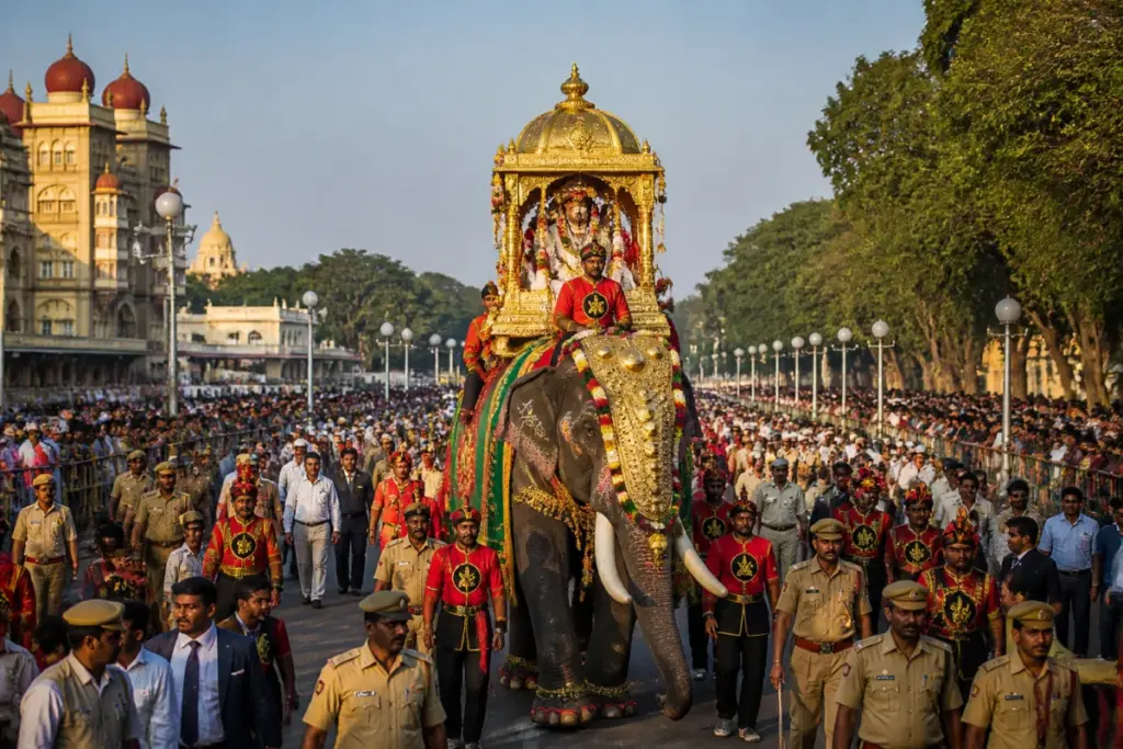 Mysuru Dasara Jamboo Savari procession moving along the Rajamarga towards Bannimantap