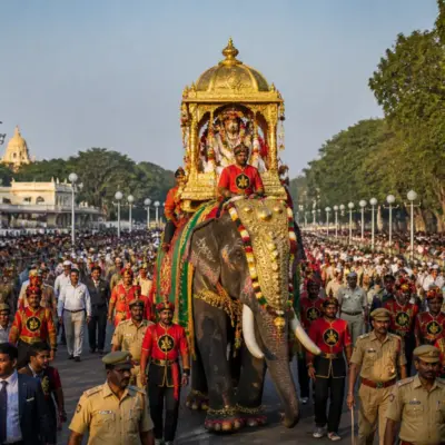 Mysuru Dasara Jamboo Savari procession moving along the Rajamarga towards Bannimantap