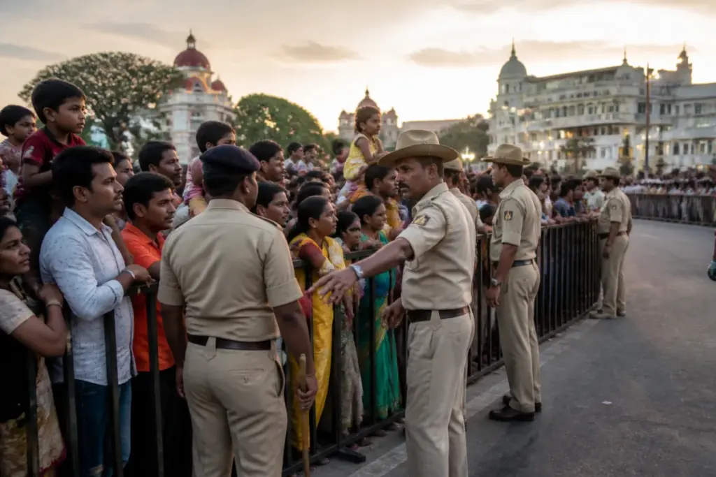 Mysuru Dasara crowd control with police managing spectators behind barricades