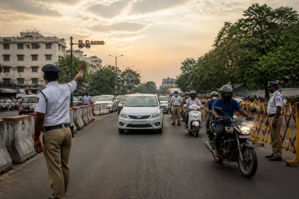 Hyderabad traffic diversions near a busy city junction during an idol immersion procession
