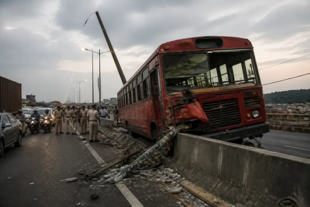 Damaged ST bus after a tyre-burst collision on the Ozar-Pimpalgaon highway