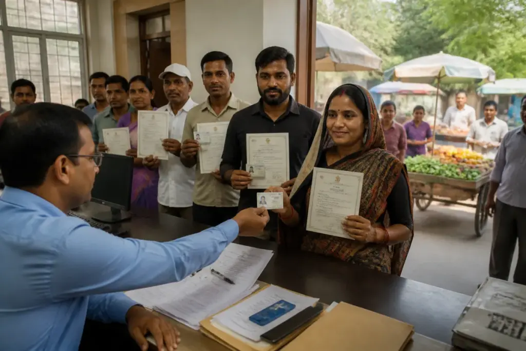 Pimpri-Chinchwad hawker certificates being issued to street vendors at a municipal office