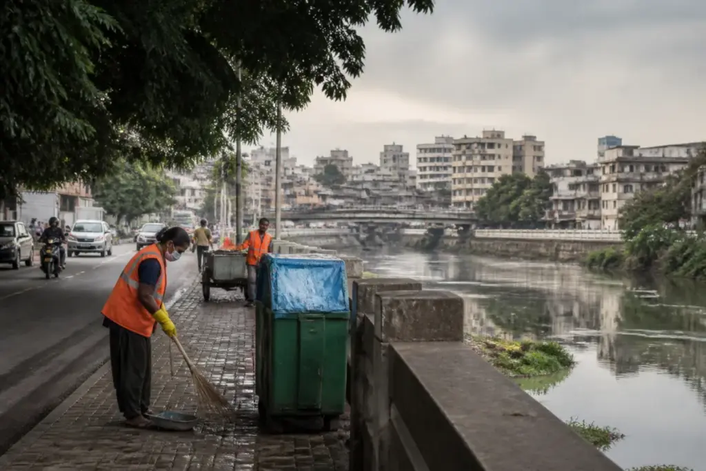 Pune sanitation workers cleaning a city street near a polluted urban river