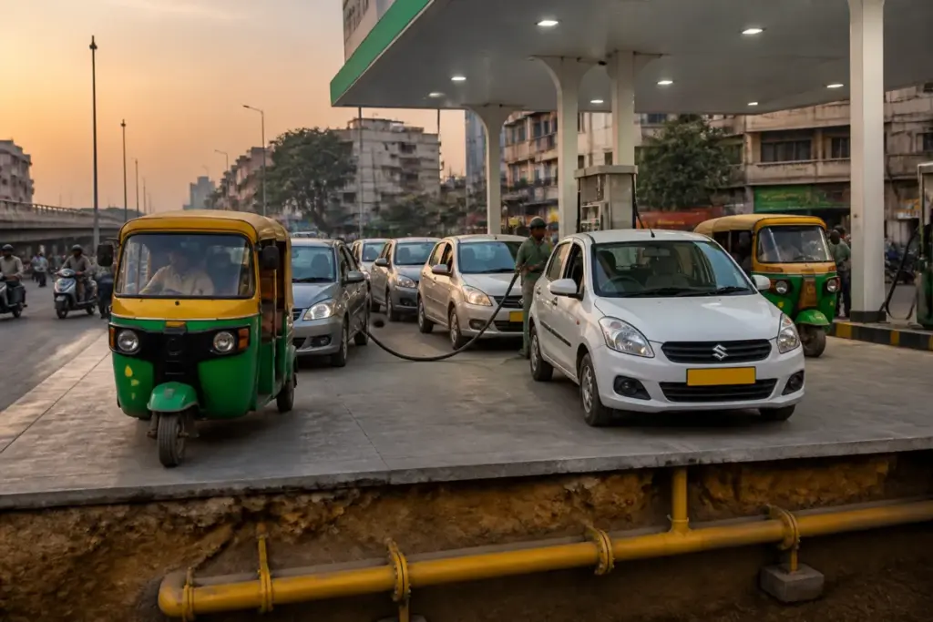 Pune CNG supply pipeline serving vehicles at Daruwala Petrol Pump in Poolgate