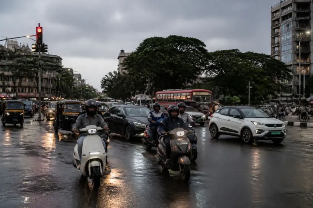Pune vehicle registrations and electric scooters on a busy urban road