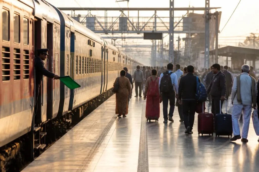 Ahmedabad-Khadagpur special train at an Indian railway station during festival travel season