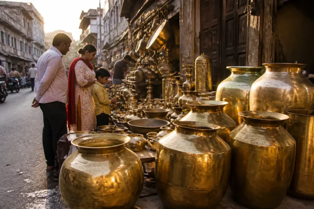 Ahmedabad brass utensil market displaying traditional brass vessels at Manek Chowk