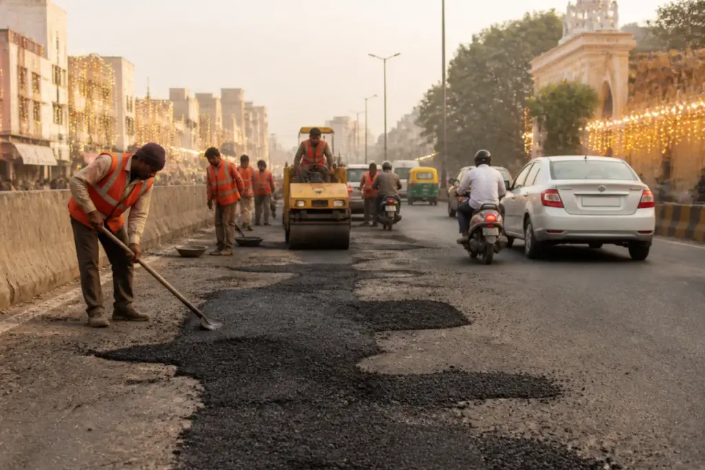 Ahmedabad road repair workers patching a damaged urban road before Diwali