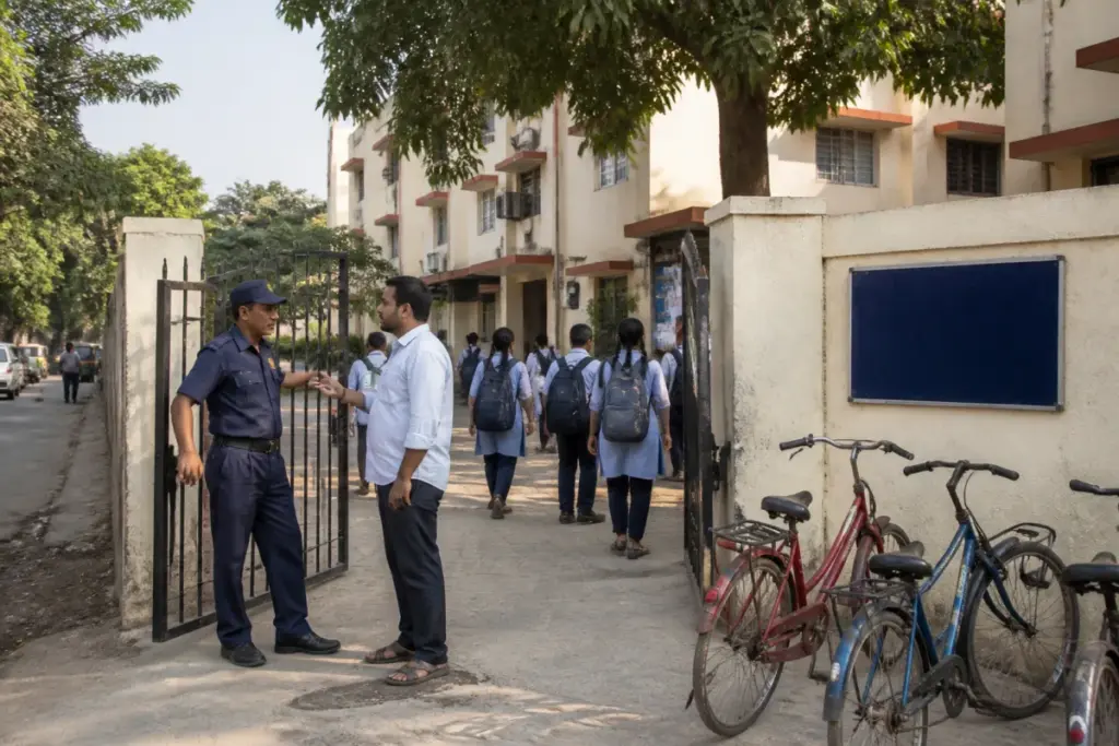 Gujarat school entry rules displayed through a secured government school entrance in Ahmedabad