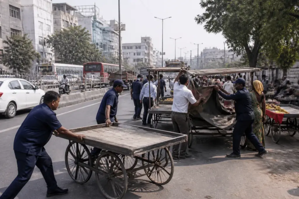 Ahmedabad encroachment drive targeting roadside vendors on a congested city road