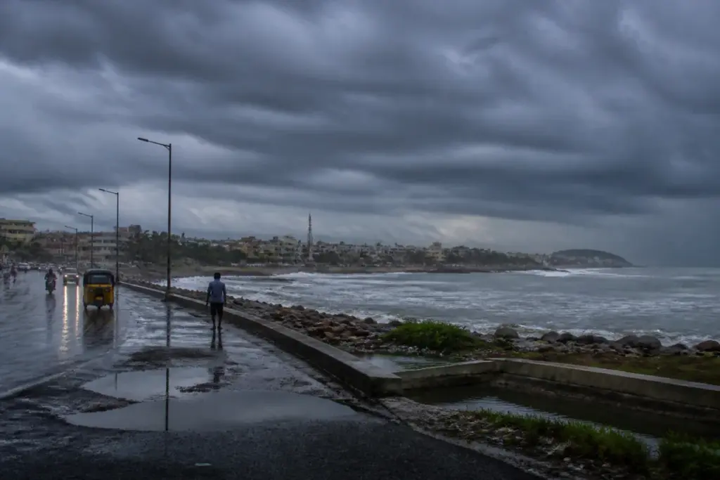 Bay of Bengal cyclone forecast map concept with dark clouds over India’s eastern coast