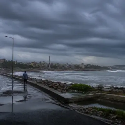 Bay of Bengal cyclone forecast map concept with dark clouds over India’s eastern coast