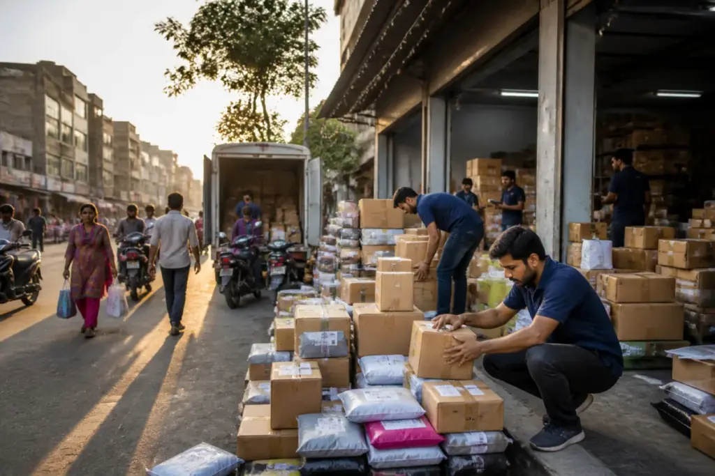 Tier 2 e-commerce growth shown through parcel deliveries and shoppers in an Indian city