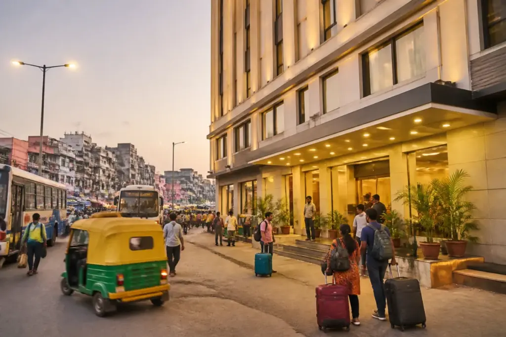 Budget-to-mid-market hotel in an Indian Tier 2 city near a busy bus or railway corridor