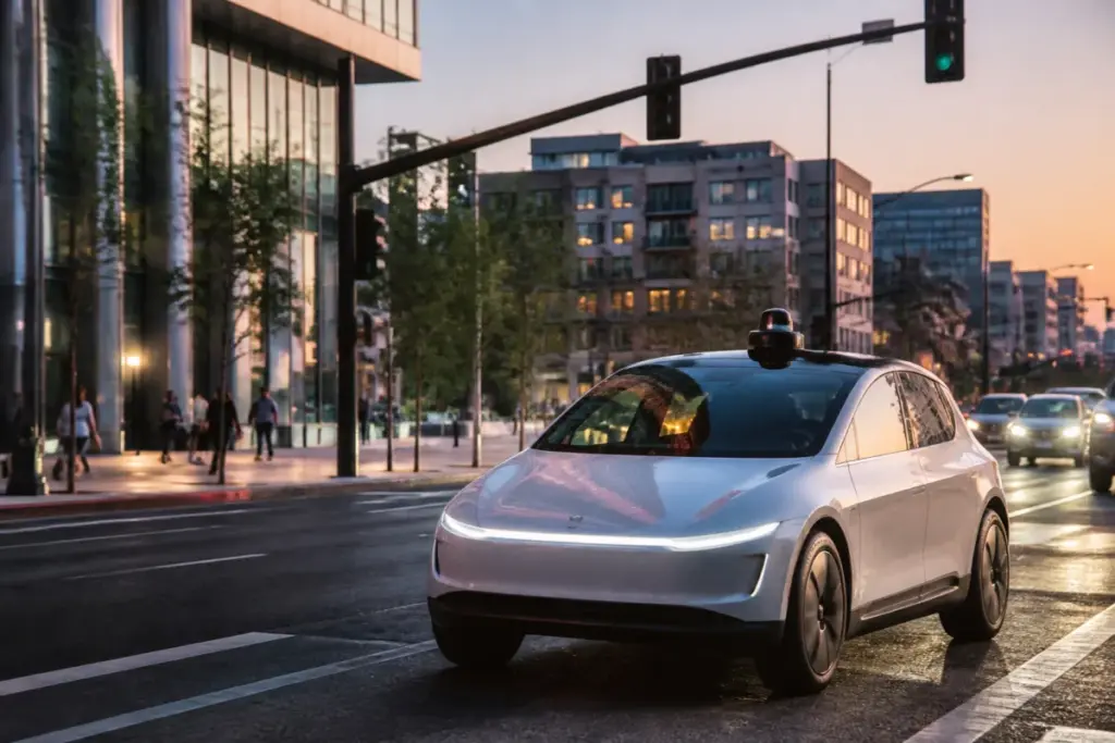 Tesla robotaxi expansion represented by an autonomous vehicle on an American city street