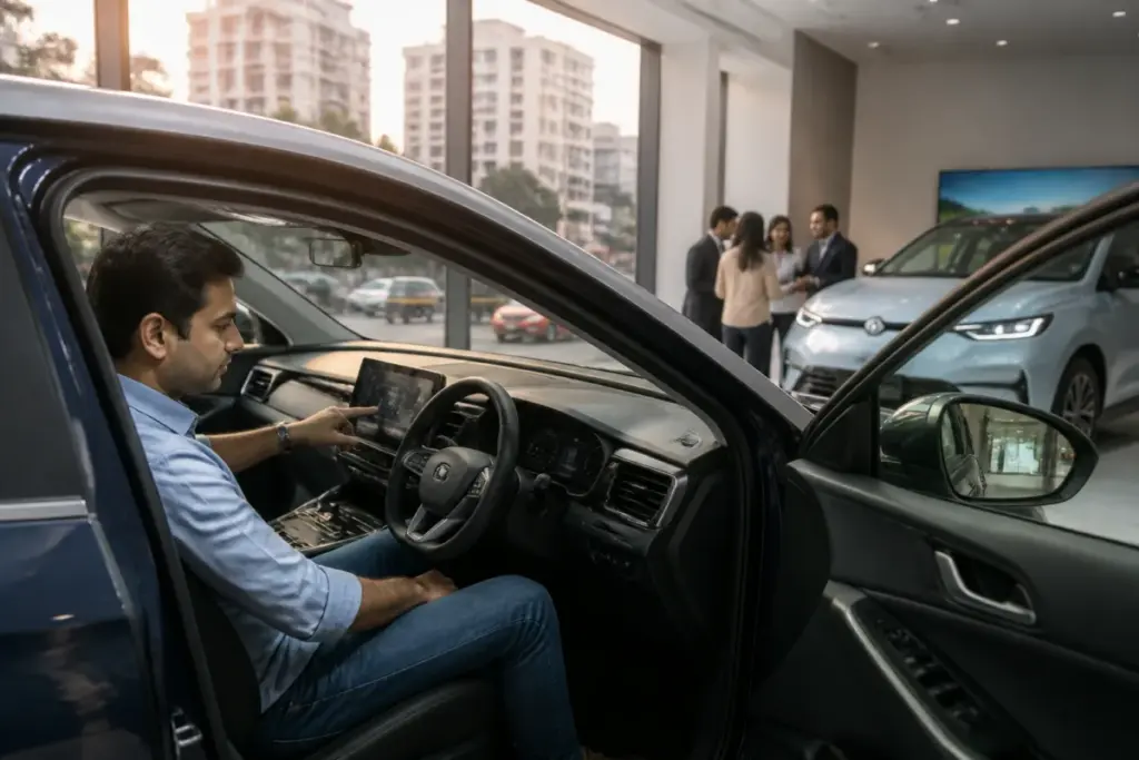 India car-buying trends shown through a consumer examining a technology-rich car at a dealership
