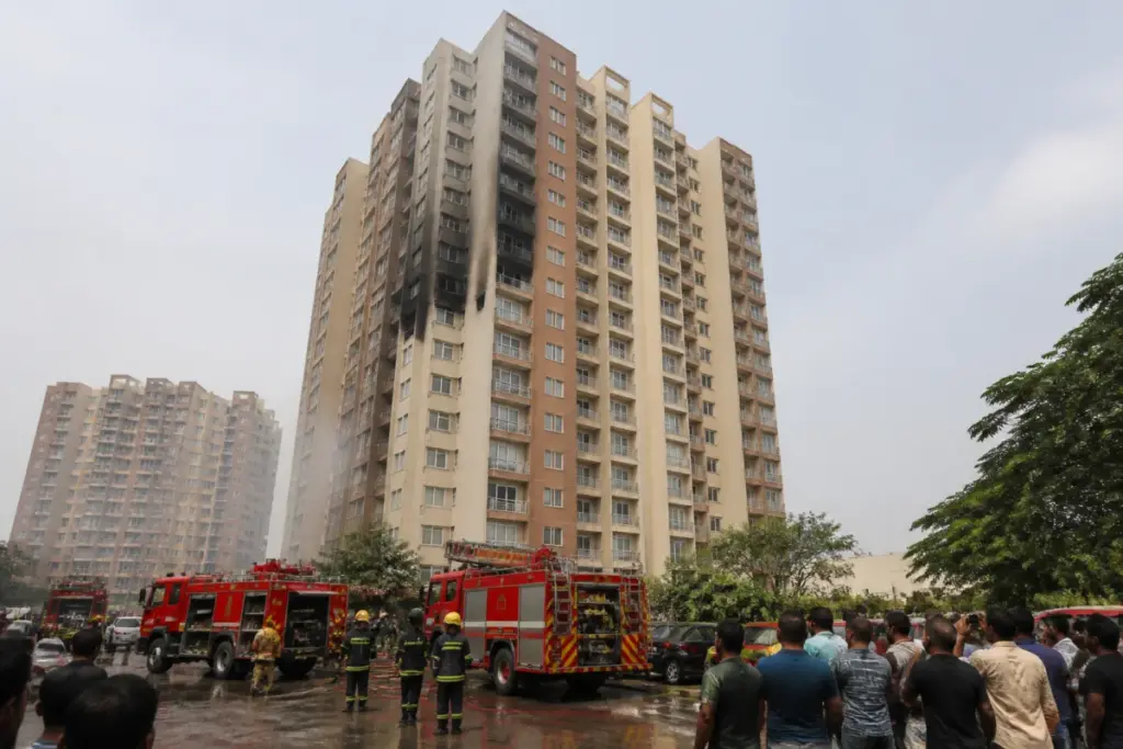 Firefighters responding to an apartment fire at a high-rise complex in Uttarahalli, Bengaluru