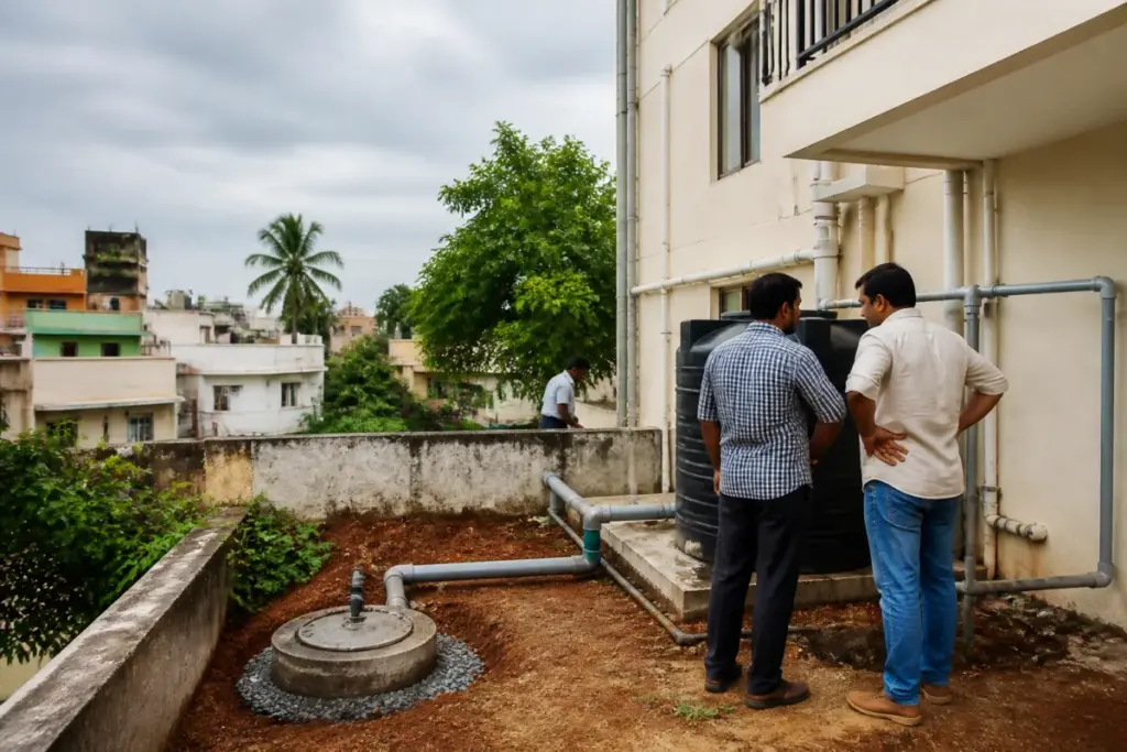 Tamil Nadu rainwater harvesting system beside an urban building for groundwater recharge