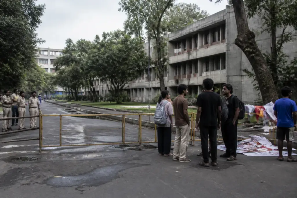 IIT Bombay student protest site with campus buildings and removed protest banners