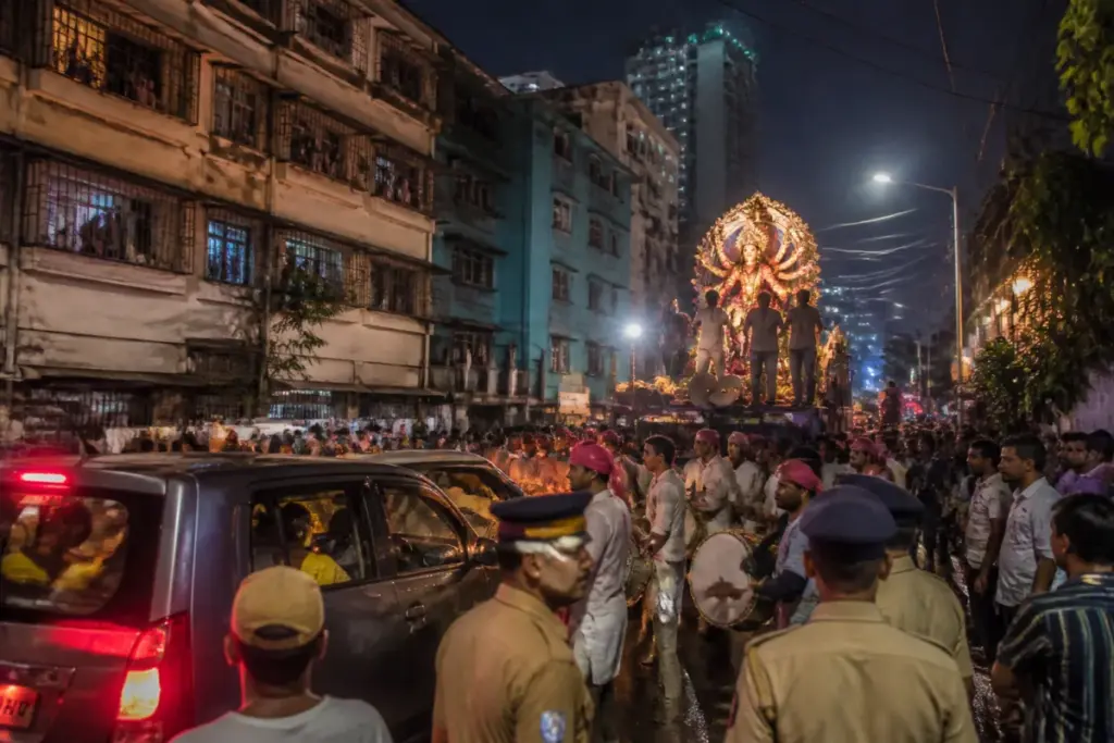 Mumbai Durga Puja procession with loudspeakers and crowds on a city street