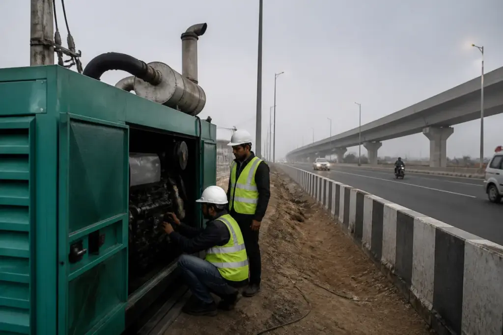 Dwarka Expressway pollution control work with a road lighting generator and emission-control equipment