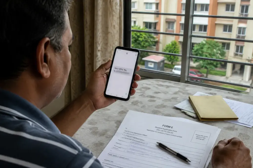 Karnataka SIR voter registration forms and an EPIC number message on a mobile phone