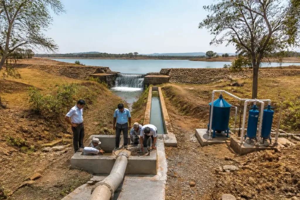 Telangana water conservation work near a village tank and water treatment project in Mulugu