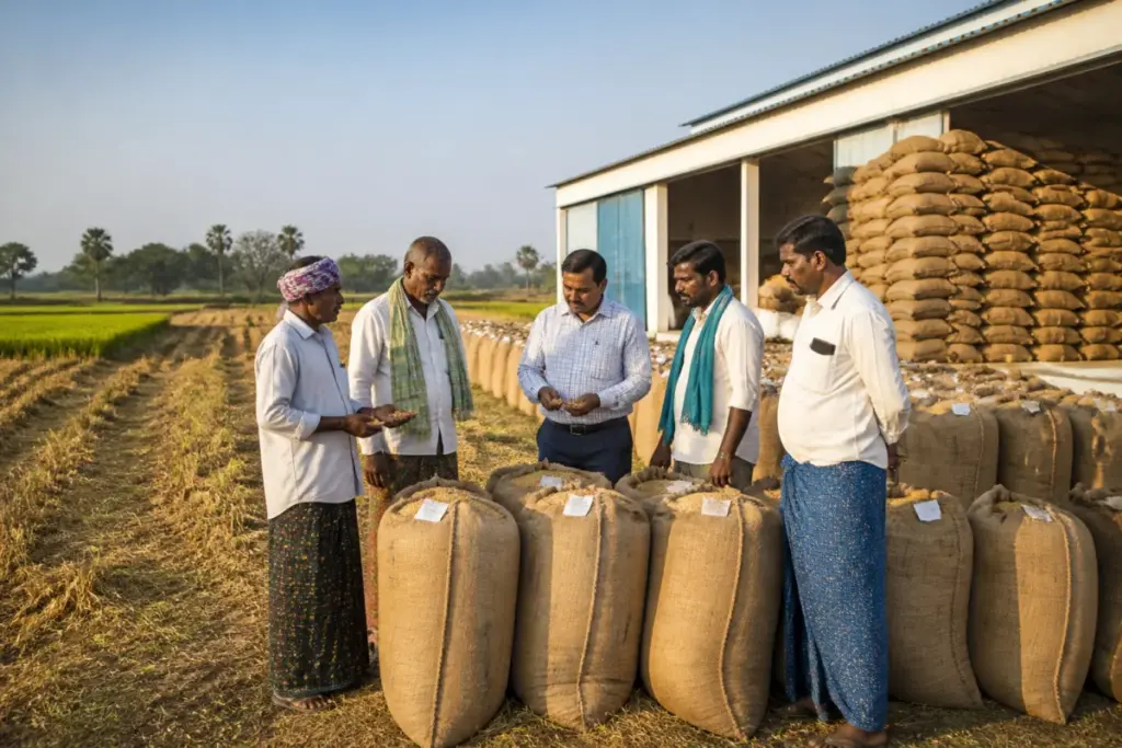 Mulkanoor farmers cooperative rice fields and storage facility in Telangana
