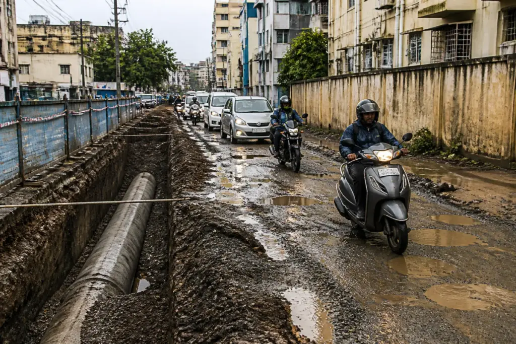 Mud-covered Tambaram-Velachery road in Chennai with potholes and vehicles navigating pipeline work.