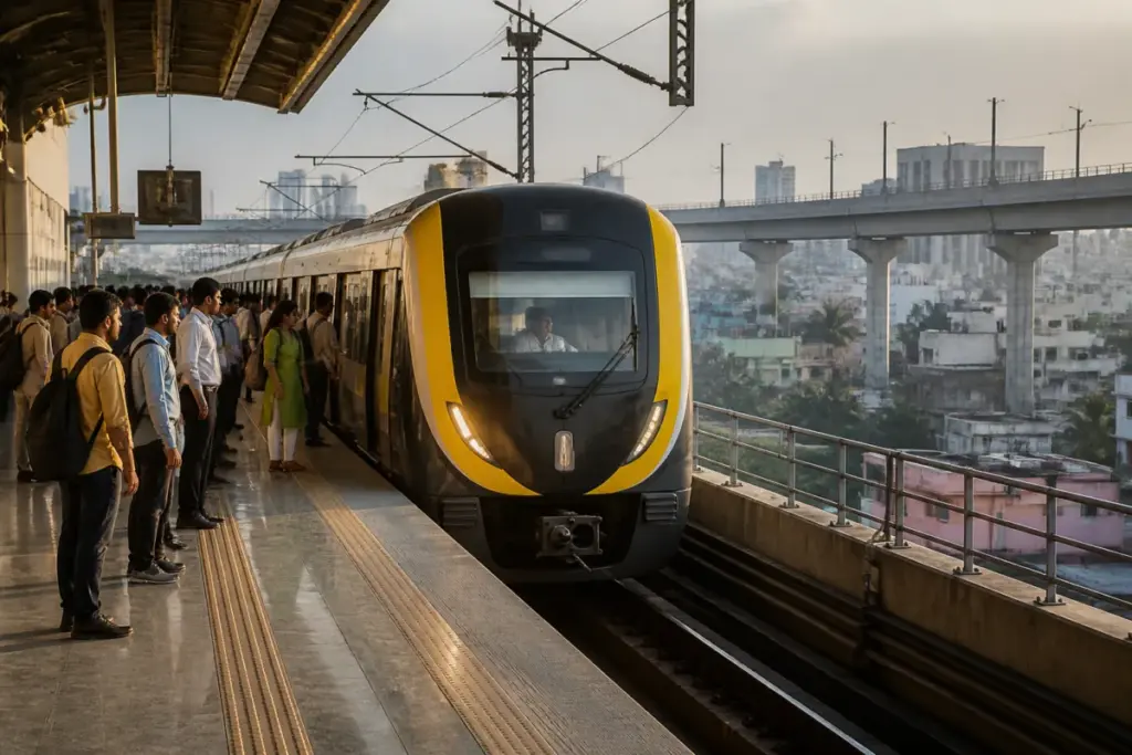 Chennai Metro Yellow Line train serving passengers on the elevated Poonamallee–Vadapalani corridor