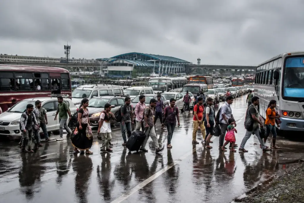 Kilambakkam traffic congestion near the bus terminus with pedestrians crossing the highway