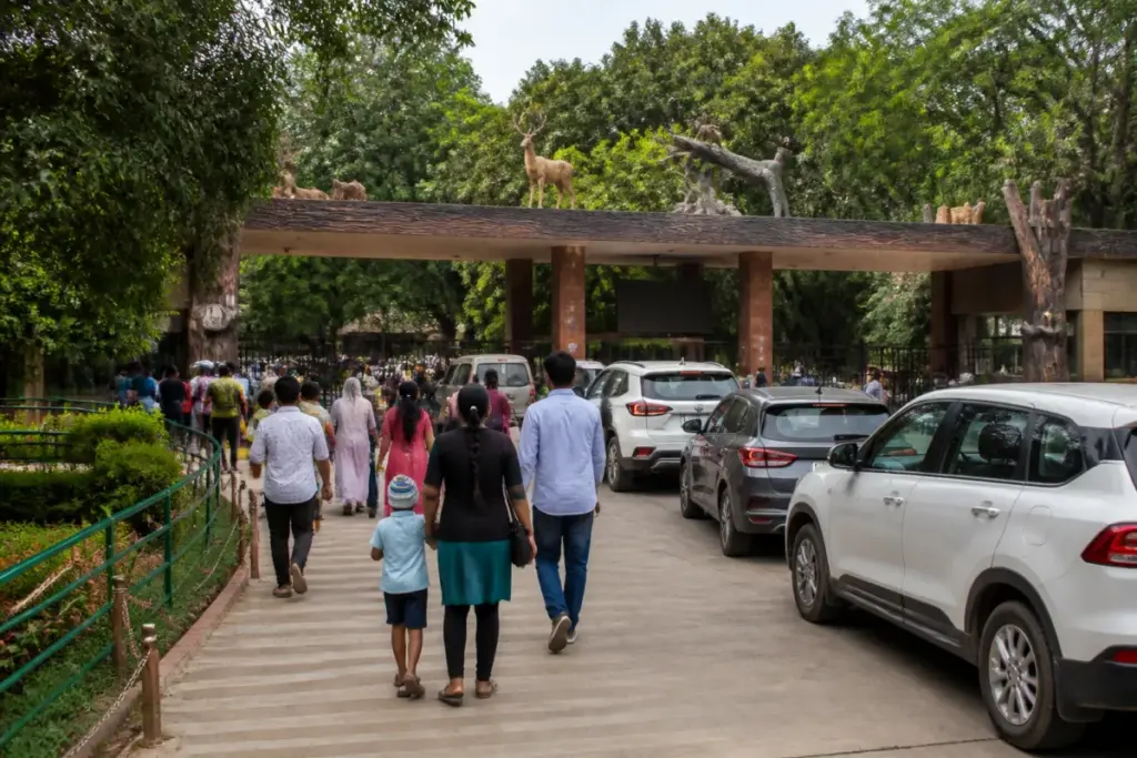 Tirupati Zoo entry fees sign near visitors and vehicles at Sri Venkateswara Zoological Park