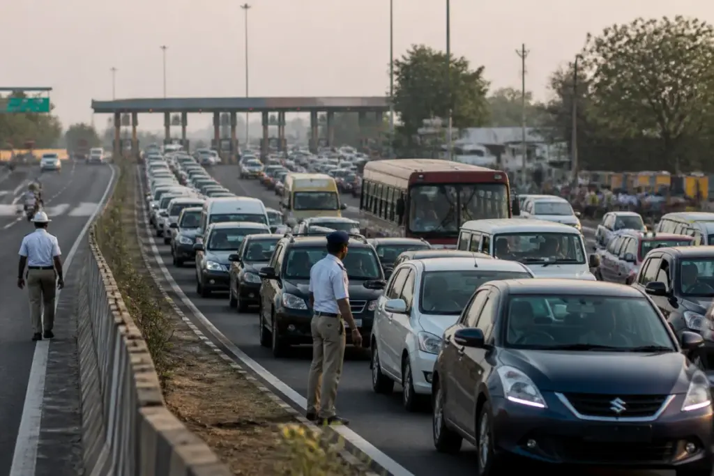 Pantangi toll plaza traffic queues on the Hyderabad–Vijayawada highway after Dasara