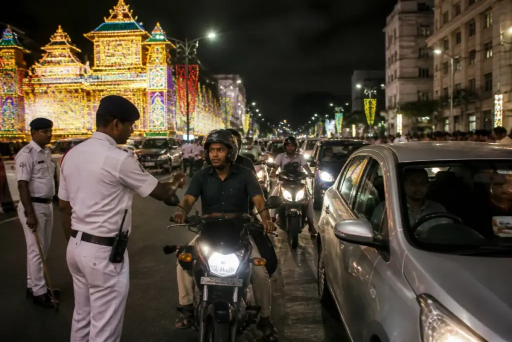 Kolkata traffic police enforcing road safety during Durga Puja