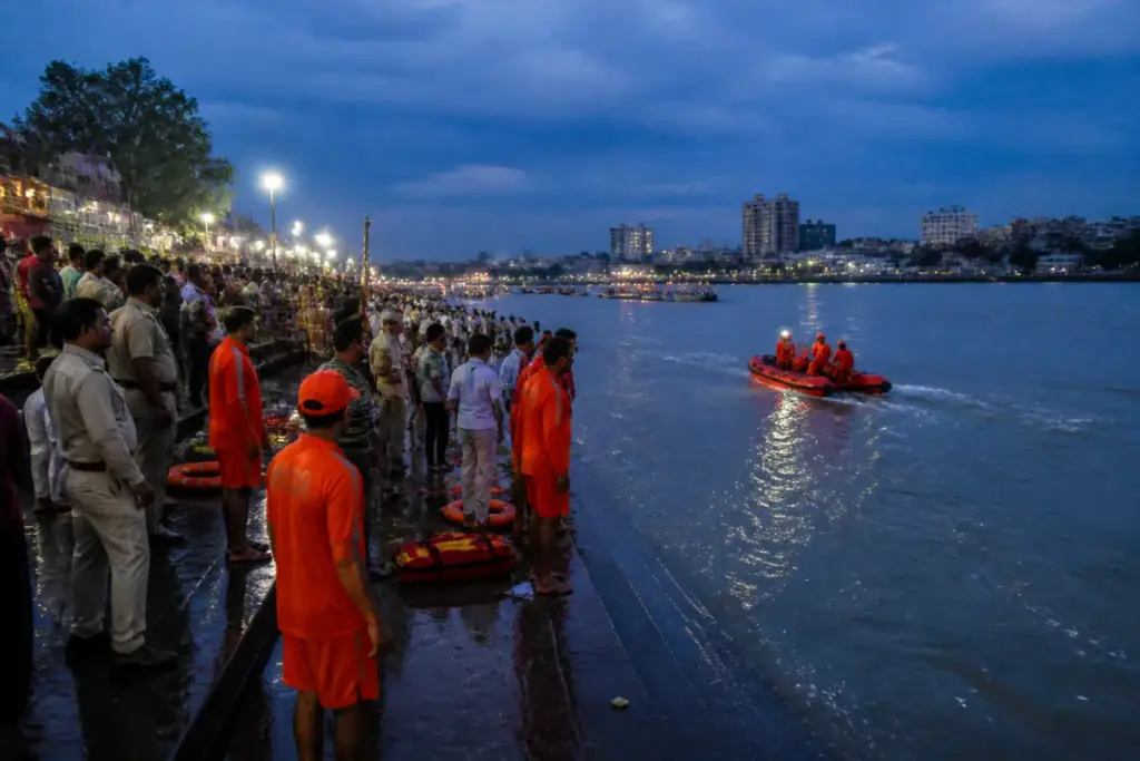Kolkata idol immersion safety measures at a river ghat with rescue boats and civic workers