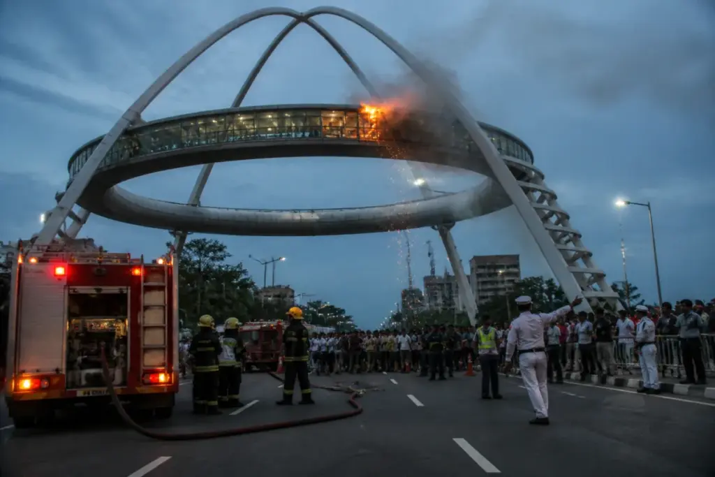 Firefighters respond to a New Town restaurant fire at the Biswa Bangla Gate in Kolkata.