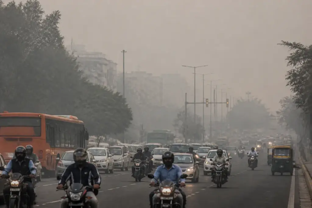 Delhi air pollution haze over a busy road with commuters and traffic
