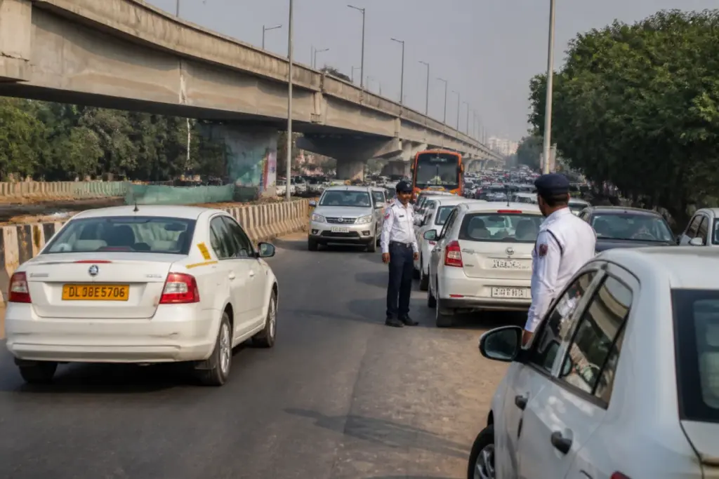 Delhi RTR flyover closure diverting traffic near the airport towards a service road