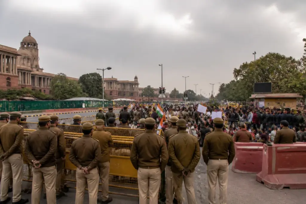 Jantar Mantar protests area in New Delhi with police barricades and demonstrators