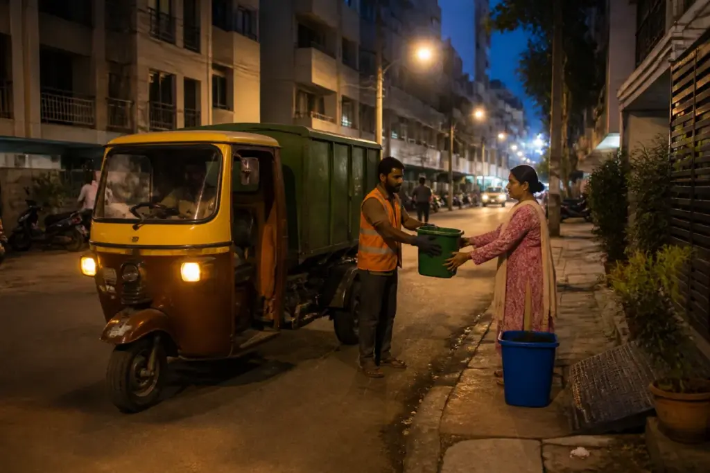 Evening waste collection vehicles operating on a Bengaluru road