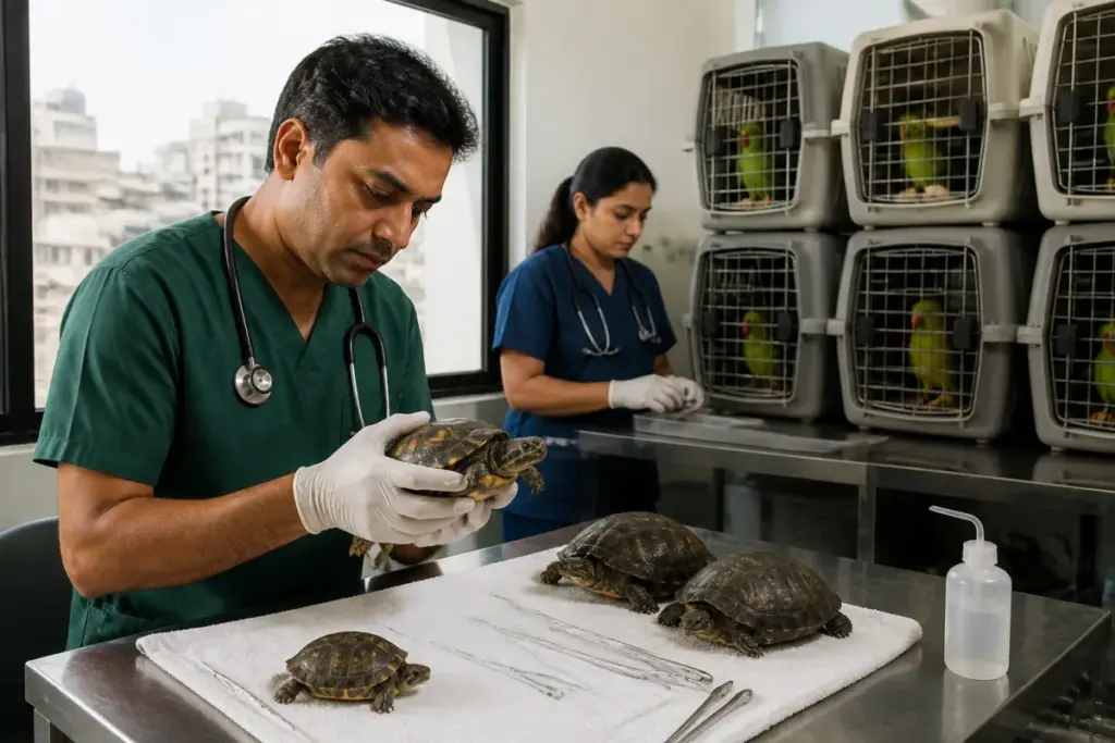 Moti Nagar wildlife rescue involving protected birds and turtles recovered from a Delhi pet shop