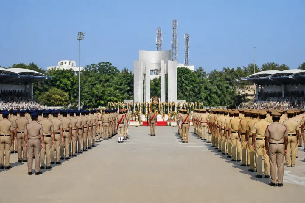 Telangana police personnel at a Police Commemoration Day parade in Hyderabad