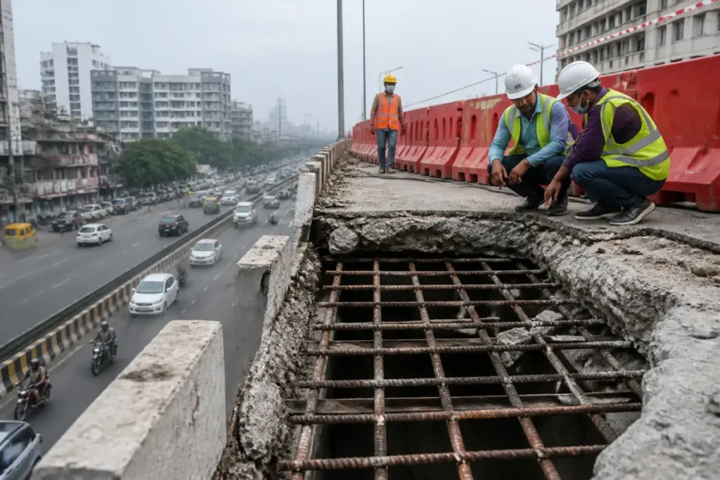 Noida Elevated Road barricaded near damaged concrete and exposed steel structure